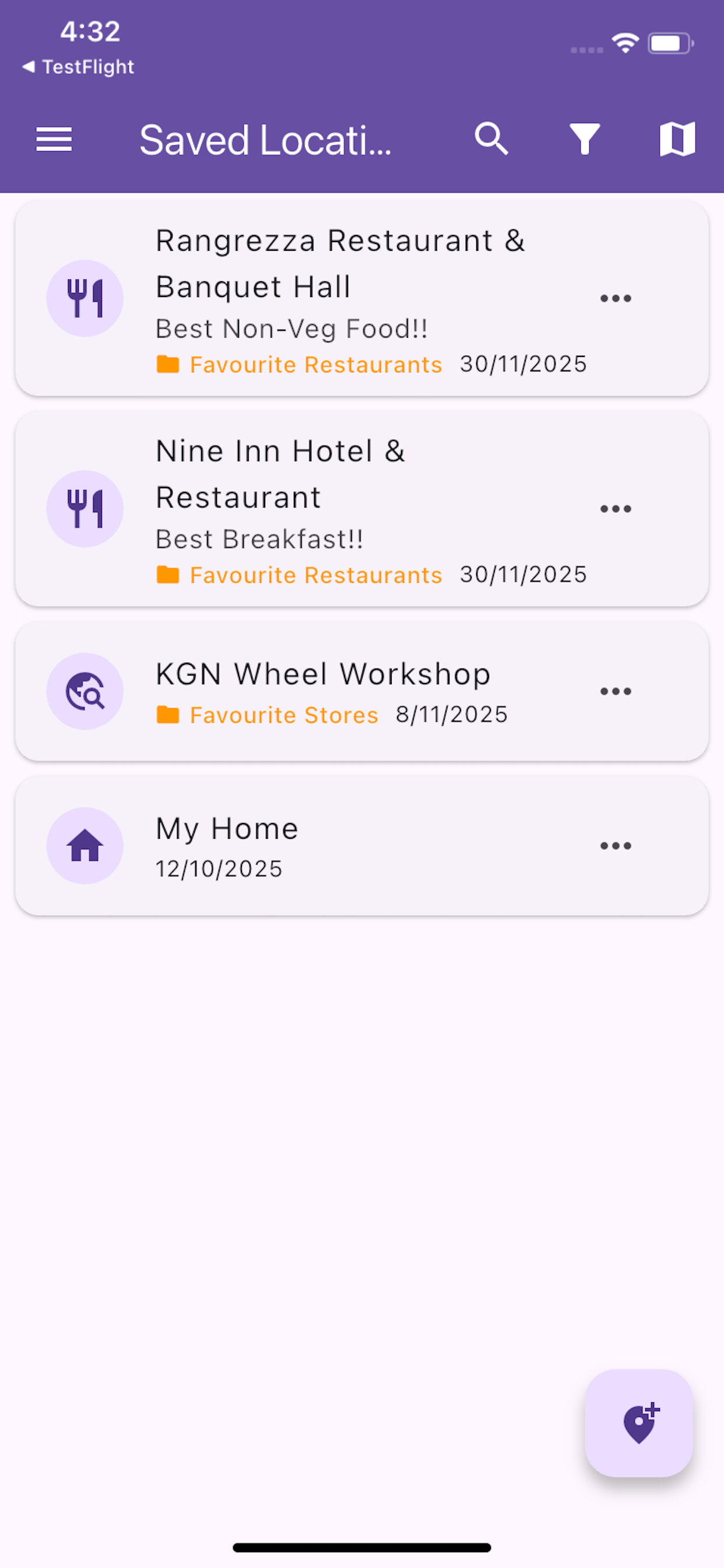 Saved Locations List